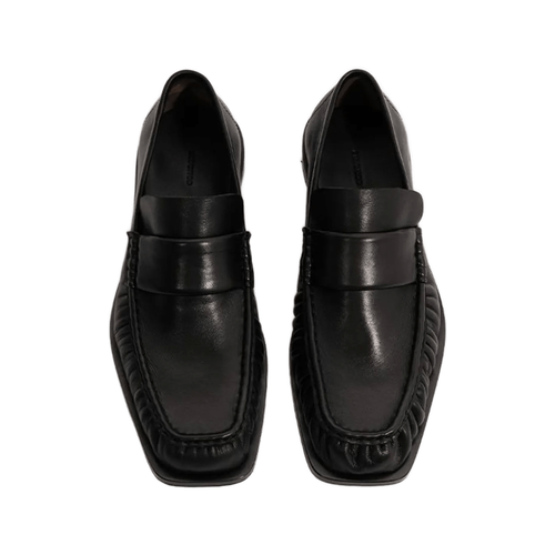 Black Square-Toe Pleated Penny Loafers