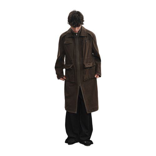 JCAESAR Multi‑Pocket Trench Coat with Ribbed Panels